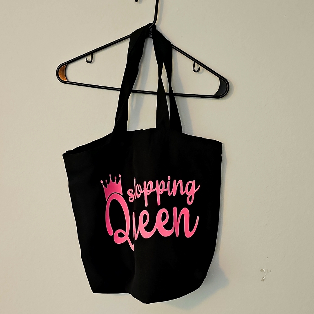 Black Tote Bag with Pink 'Shopping Queen' Print